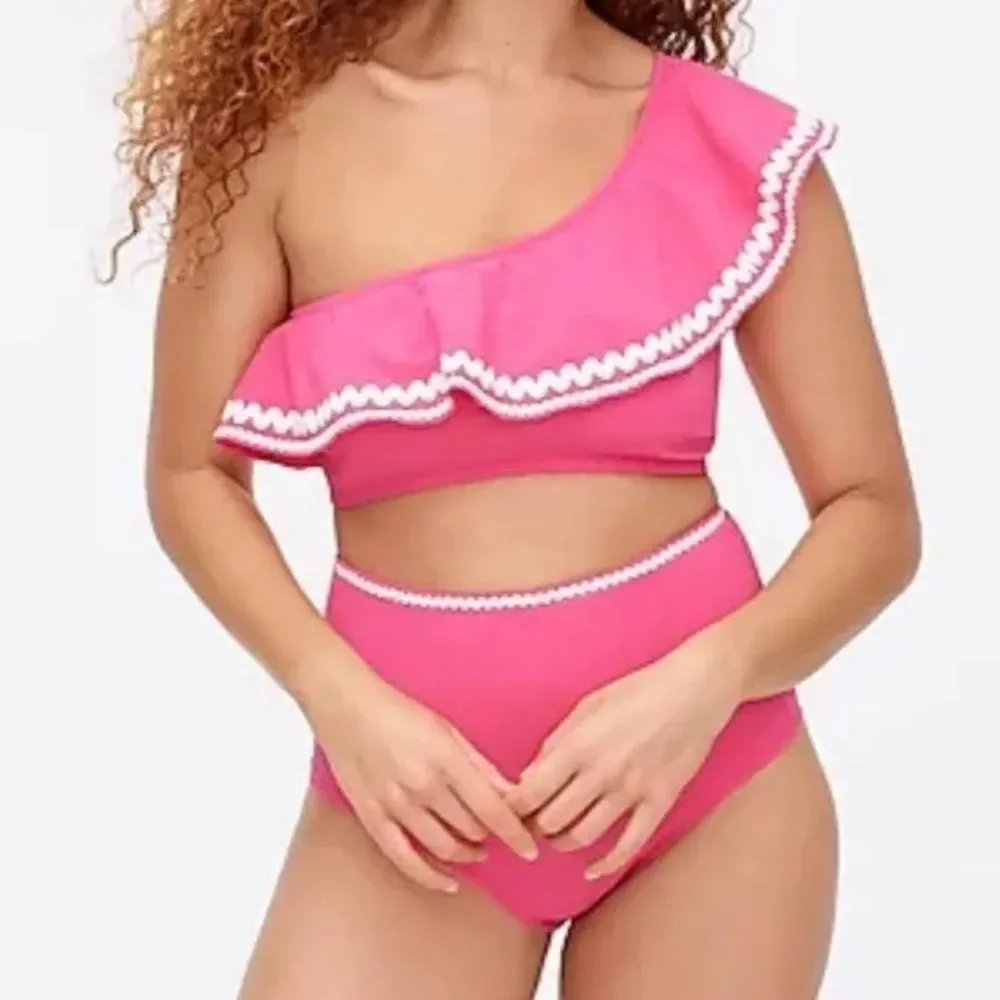 J. Crew Hot Pink One-Shoulder Ruffle Bikini Set - Picture 3 of 4